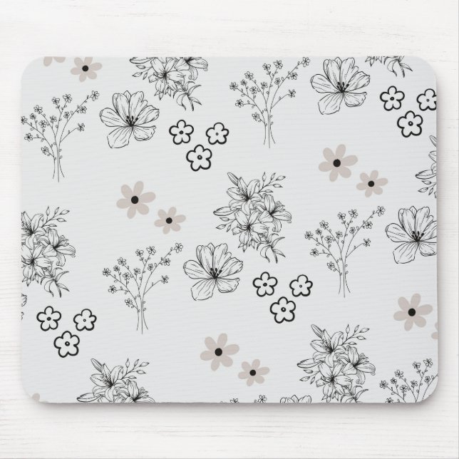 Grey Black Retro Y2K Hippie Flower Pattern Mouse Pad (Front)