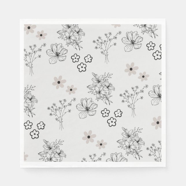 Grey Black Retro Y2K Hippie Flower Pattern Napkin (Front)