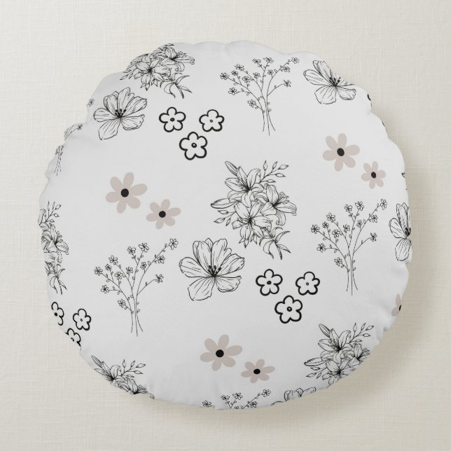 Grey Black Retro Y2K Hippie Flower Pattern Round Cushion (Front)