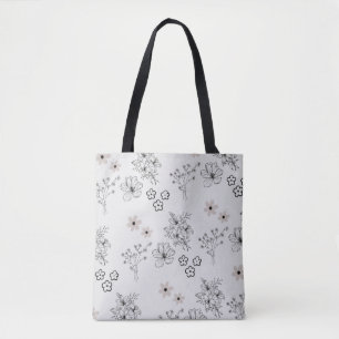 Grey Black Retro Y2K Hippie Flower Pattern Tote Bag
