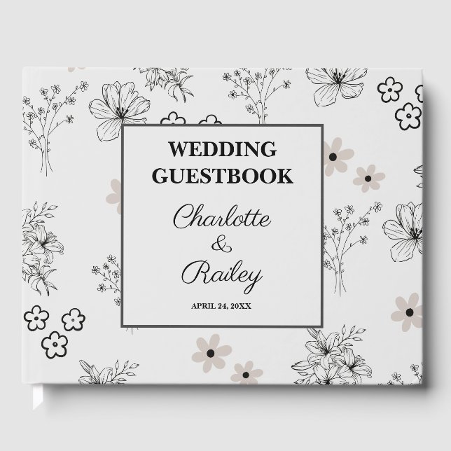 Grey Black Retro Y2K Hippie Flower Pattern Wedding Guest Book (Front)
