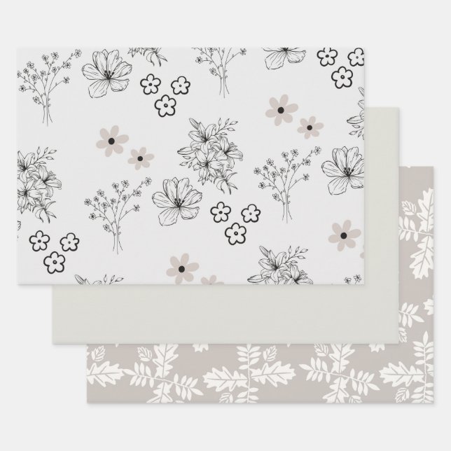 Grey Black Retro Y2K Hippie Flower Pattern Wrapping Paper Sheet (Set)