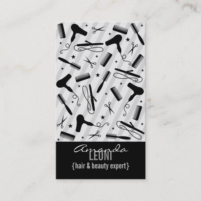 Grey & Black Salon Tools Vertical Business Card (Front)