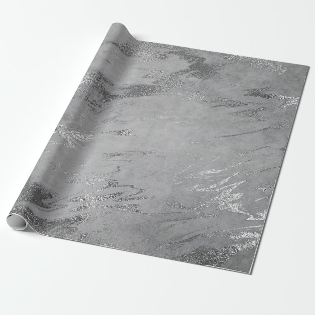 Grey Black Silver Graphite Marble Shiny Glam Wrapping Paper (Unrolled)