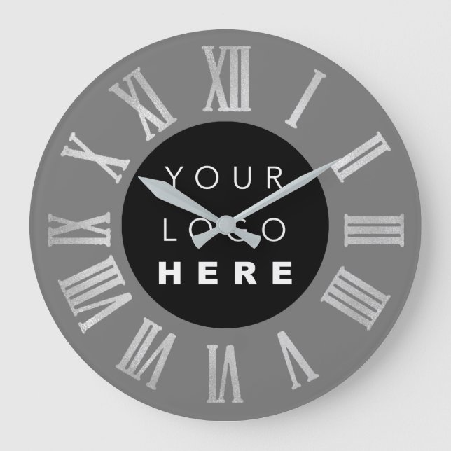 Grey Black Silver  Grey Roman Numbers Logo Large Clock (Front)