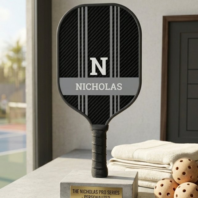 Grey & Black Stripes Bold Monogram & Name Pickleball Paddle (Creator Uploaded)