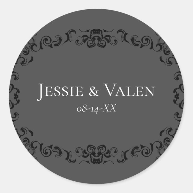 Grey & Black Swirl Gothic Wedding Classic Round Sticker (Front)