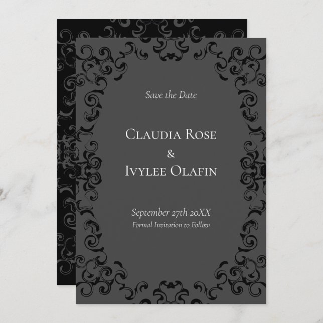 Grey & Black Swirl Gothic Wedding Invitation (Front/Back)