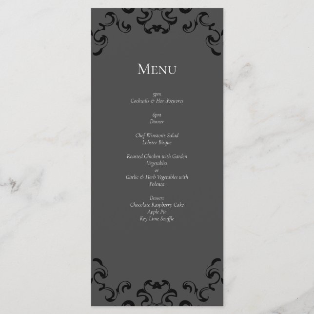 Grey Black Swirl Gothic Wedding Menu (Front)
