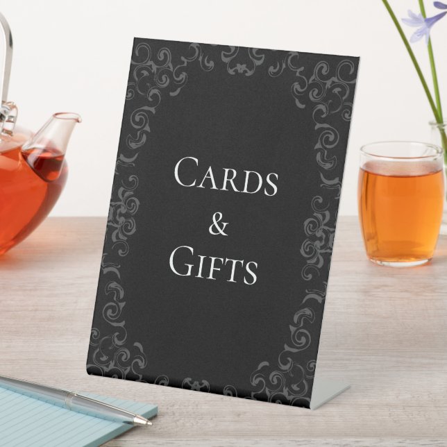 Grey & Black Swirl Gothic Wedding Pedestal Sign (In SItu)