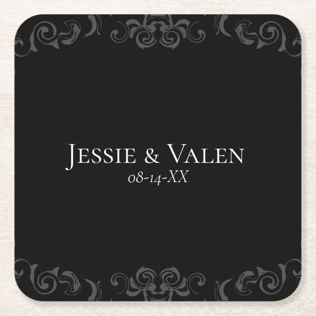 Grey & Black Swirl Gothic Wedding Square Paper Coaster (Front)
