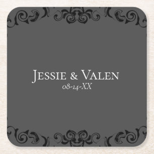 Grey & Black Swirl Gothic Wedding Square Paper Coaster