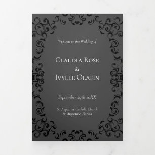 Grey & Black Swirl Gothic Wedding Tri-Fold Programme