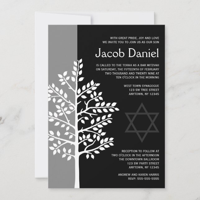 Grey Black Tree of Life Bar Mitzvah Invitations (Front)