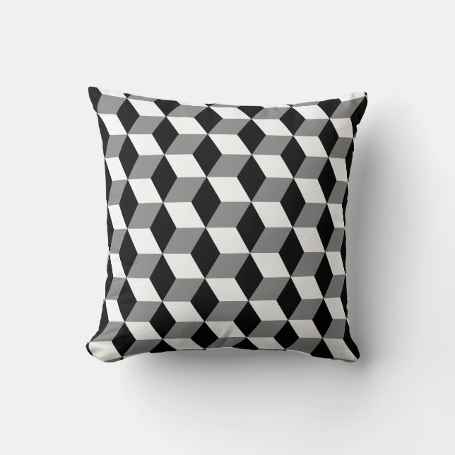 Grey, Black & White 3D Cubes Pattern Cushion (Front)