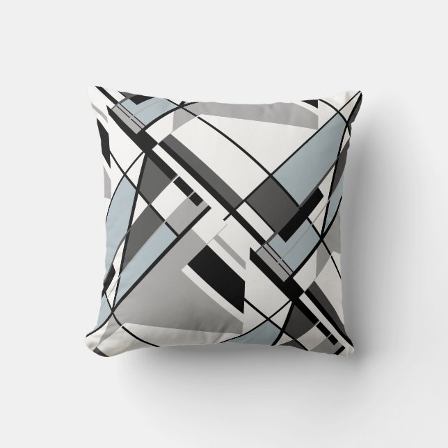 Grey Black White Abstract Slanted Geometric Design Cushion (Front)