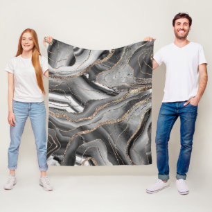 Grey Black White Agate Gold Glitter Glam #1 Fleece Blanket