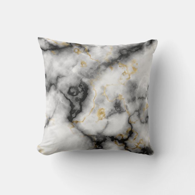 Grey Black White and Gold Marble Pattern Cushion (Front)