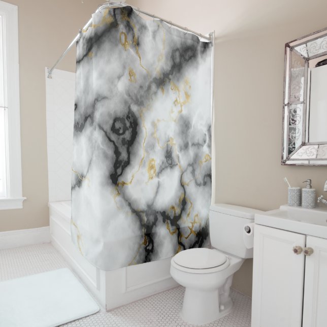 Grey Black White and Gold Marble Pattern Shower Curtain (In Situ)