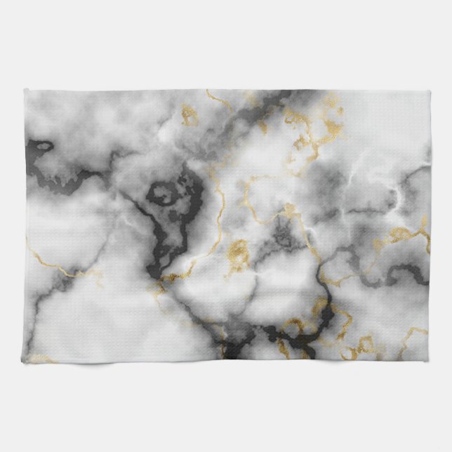 Grey Black White and Gold Marble Pattern Tea Towel (Horizontal)