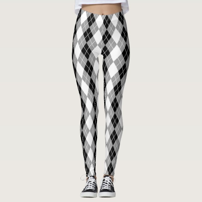Grey Black White Argyle Diamond Design  Leggings (Front)