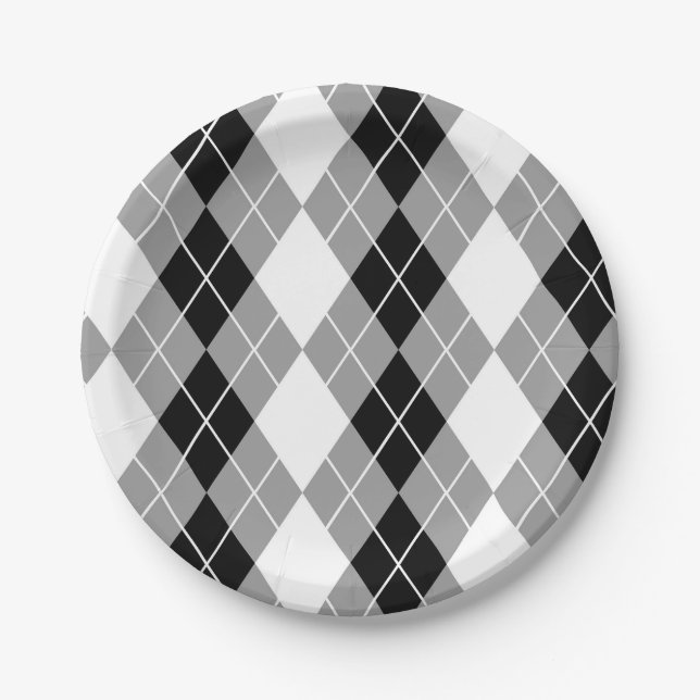 Grey Black White Argyle Diamond Design  Paper Plate (Front)