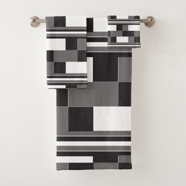 Grey Black White Check Stripes Pattern Bath Towel Set (Insitu)