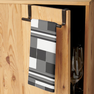 Grey Black White Check Stripes Pattern Tea Towel
