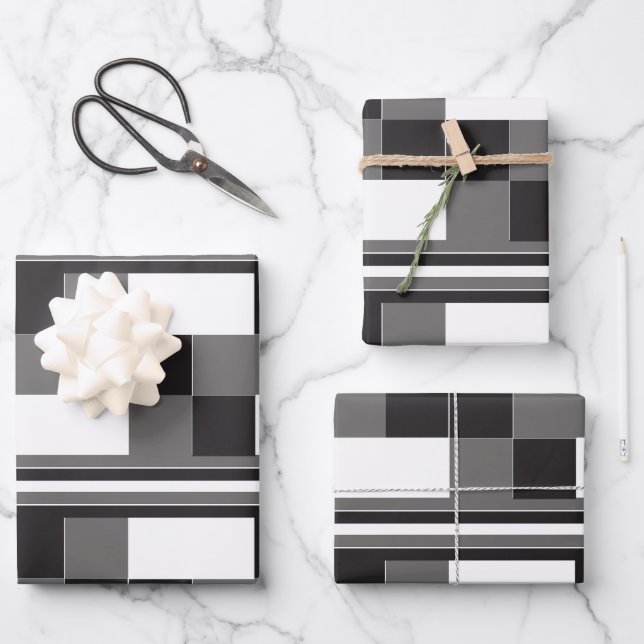 Grey Black White Check Stripes Pattern Wrapping Paper Sheet (Front)