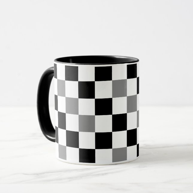 Grey Black White Chequered Pattern Design  Mug (Front Left)