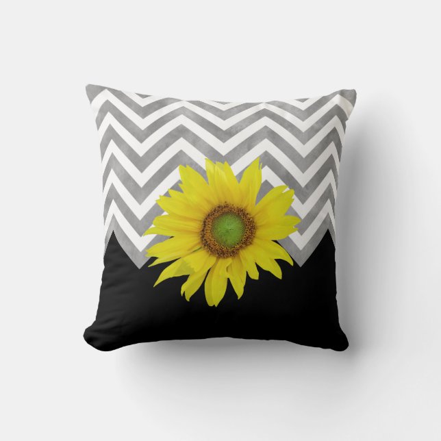Grey Black White Chevron Colour Block w/ Sunflower Cushion (Front)