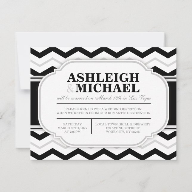 Grey & Black White Chevron Wedding Reception ONLY Invitation (Front)