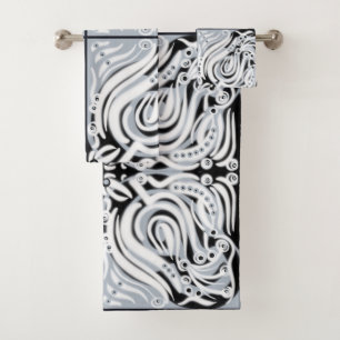 Grey Black White Curly Abstract Pattern  Bath Towel Set