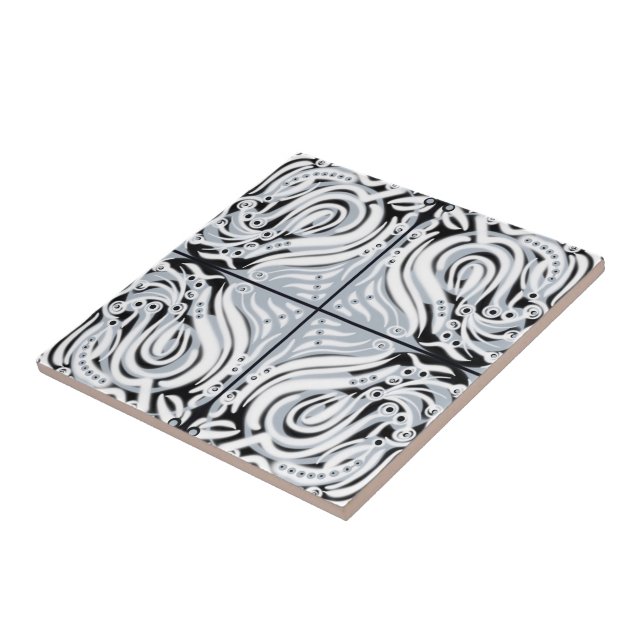 Grey Black White Curvy Abstract Pattern  Ceramic Tile (Side)