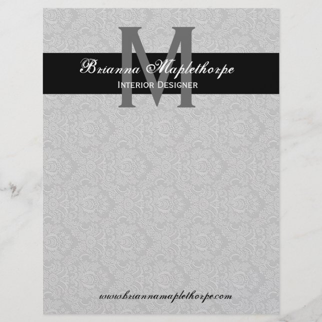 Grey Black White Damask Monogram Letterhead Design (Front)