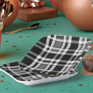 Grey Black White Flannel Plaid Tartan Design  Paper Plate
