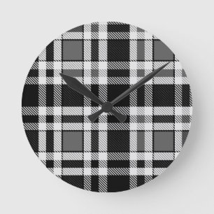 Grey Black White Flannel Plaid Tartan Design  Round Clock