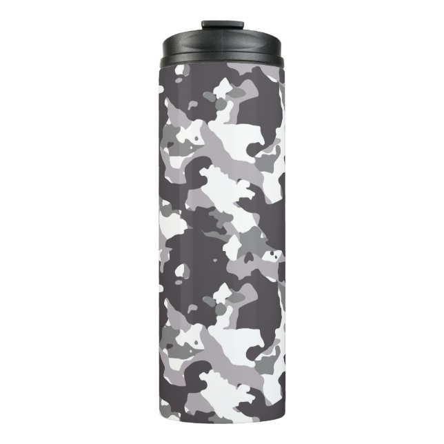 Grey, Black & White Girly Army Camouflage Pattern Thermal Tumbler (Front)