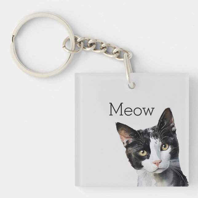 Grey Black White Kitty Cat Key Ring (Front)