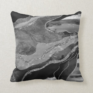 Grey Black White Marble Agate Silver Glitter #1 Cushion