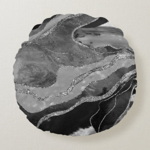 Grey Black White Marble Agate Silver Glitter #1 Round Cushion