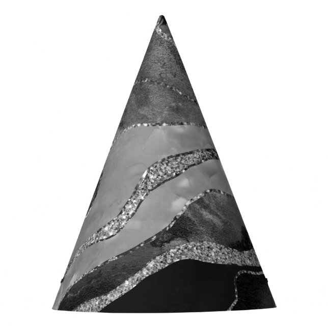 Grey Black White Marble Agate Silver Glitter Glam  Party Hat (Front)