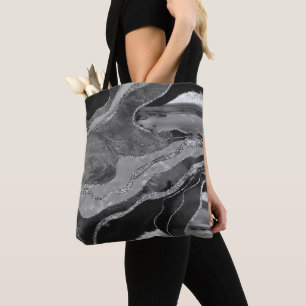 Grey Black White Marble Agate Silver Glitter Glam Tote Bag