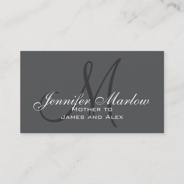 Grey, Black White Monogram Mummy Calling Card (Front)