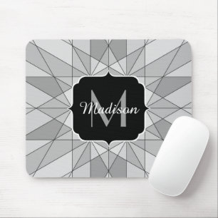 Grey black white Mosaic Triangle Pattern Monogram Mouse Pad