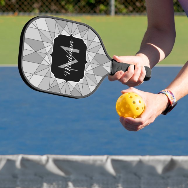 Grey black white Mosaic Triangle Pattern Monogram Pickleball Paddle (Insitu)