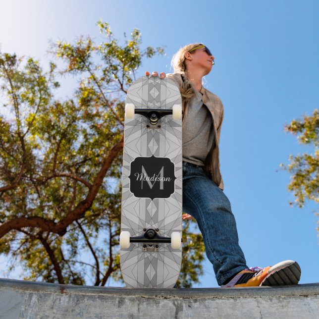 Grey black white Mosaic Triangle Pattern Monogram Skateboard (Outdoor 1)