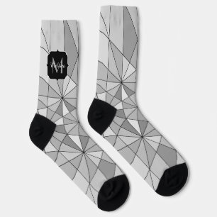 Grey black white Mosaic Triangle Pattern Monogram Socks