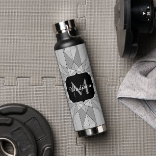 Grey black white Mosaic Triangle Pattern Monogram Water Bottle