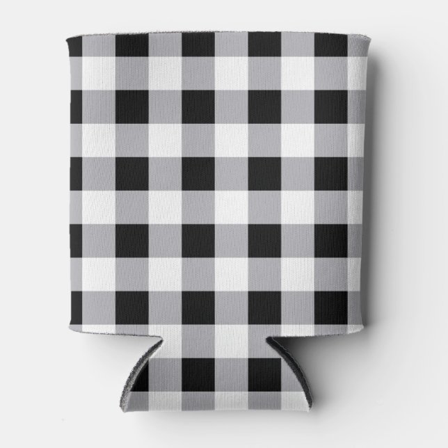 Grey Black White Plaid Check Pattern  Can Cooler (Front)
